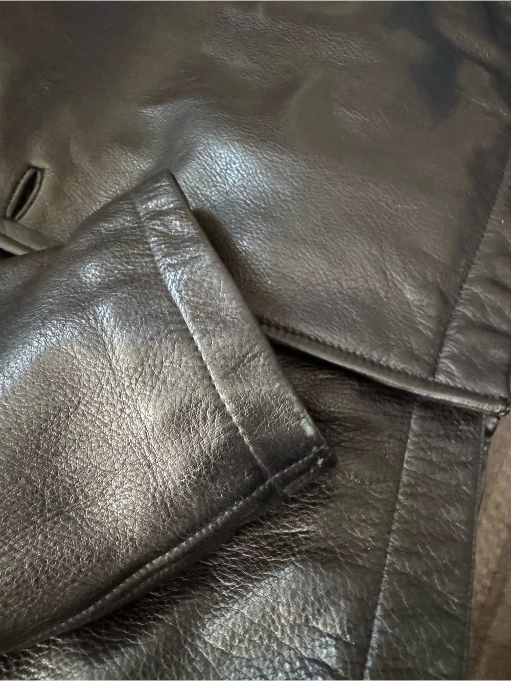 Andrew Marc Vintage Black Leather Trench Coat with Gold Quilted Lining